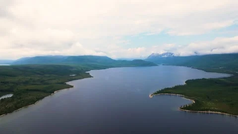 Drone view of forested landscape and vast lake with mountains Stock Footage 296264000