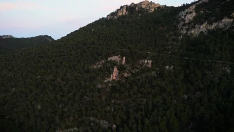 Drone view of forested mountain peak at sunrise in Spain Stock Footage 314604798