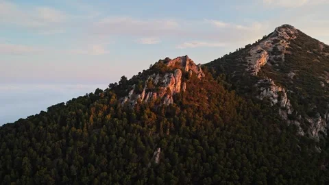 Drone view of forested mountain peak at sunrise in Spain Stock Footage 314605164