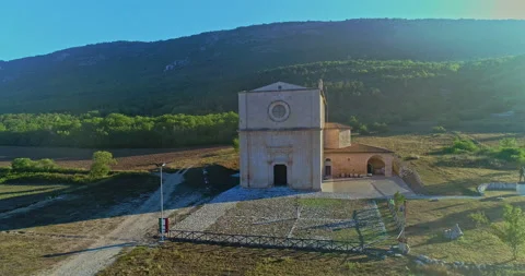 Drone view. Forward movement towards of the church of Santa Maria de' Centurelli Stock Footage 214476668