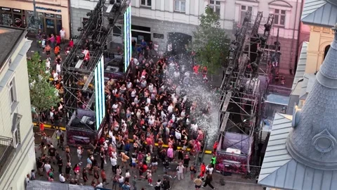 Drone view of Freedom Parade (Parada Wolnosci) crowd in Lodz, Poland Видео 344998298