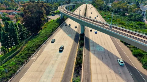 Drone view of freeway bridge with cars driving across elevated highway Stock Footage 330516135