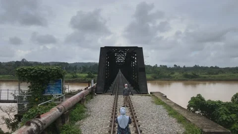 Drone view in front of The Guillemard Bridge in Kelantan Stock Footage 148310159