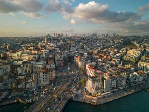 Drone view of the Galata Bridge, view of the Galata Tower. Spring Istanbul Stock Photos