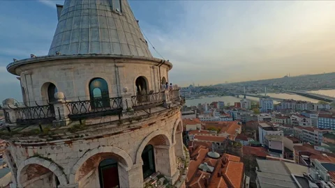Drone view of Galata Tower at evening, aerial drone footage of gorgeous cultural Stock Footage 194400894