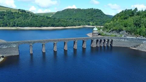 Drone view of Garreg Ddu Dam &amp; Bridge, Elan Valley,Wales Stock Photos