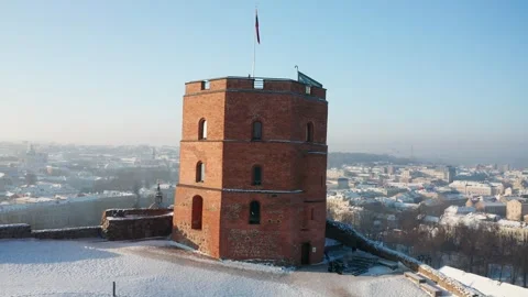 Drone view of Gediminas Tower in winter, Vilnius, Lithuania. 2026 스톡 동영상 327540044