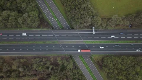 Drone view of geometric road architecture and bridge infrastructure from above. Stockbeeldmateriaal 335229686