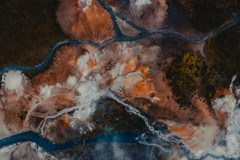 Drone view of geothermal fields showing volcanic activity of active volcano fuma Stock Photos