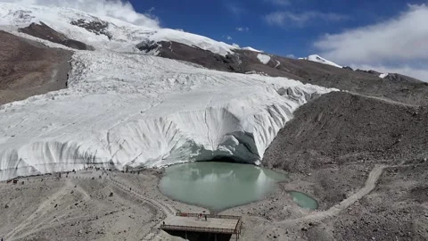 Drone view of glacier lake below snowy high mountains in Xinjiang China Stock Footage 337764953