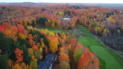 Drone view of golf course with fall colors in Cottage Country in Ontario. Stock Footage 230679432