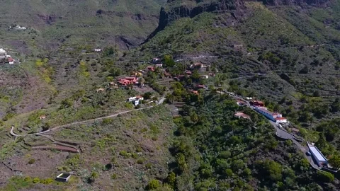 Drone view on Gorge Mask. A small settlement on the slope of the mountain Stockbeeldmateriaal 219285060