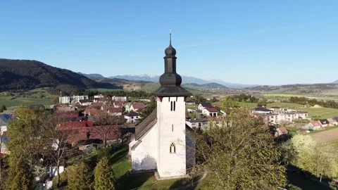 Drone view of Gothic Church of Saint Martin in Martincek village Liptov Slovakia Stock Footage 335070045