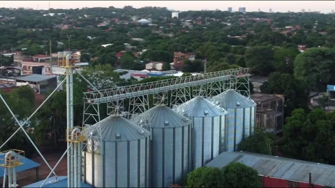 Drone view of grain storage silos and agroindustrial Stock Footage 345997143