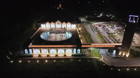 Drone view of grand mosque at night, Magelang, Central Java, Indonesia. Stock Footage 302146172