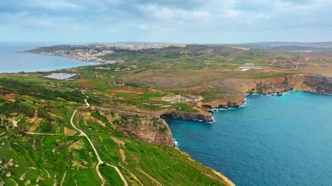 Drone view of green nature, cliffs and hills of Malta island, Mediterranean sea Stock Footage 329372112