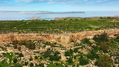 Drone view of green nature, cliffs and hills of Maltese island, sea Stock Footage 329372530