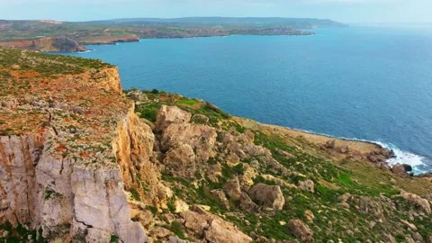 Drone view of green nature, cliffs and rocks of Malta, Mediterranean sea Stock Footage 329372851