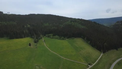 Drone view of green spring fields and rural village on a sunny day. Stock Footage 336678532