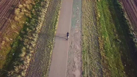 Drone view of a guy riding a bicycle in the field road Stock Footage 138531638
