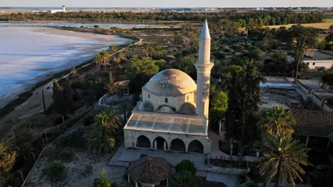 Drone view of Hala Sultan Tekke Mosque near Larnaca Salt Lake. Stock Footage 341539139