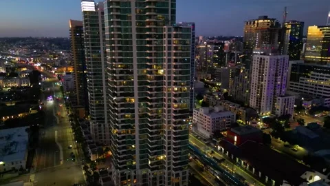 Drone View of Harbor Drive and Cruise Port at Night Stock Footage 327574755