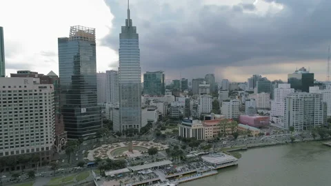 Drone View of HCMC Waterfront and Saigon River with Roundabout and New Bridge. Stock Footage 211816730
