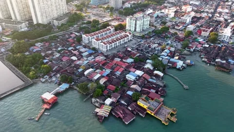 Drone View Hean Boo Thean Temple and Waterfront Stilt Village Stock Footage 329972322