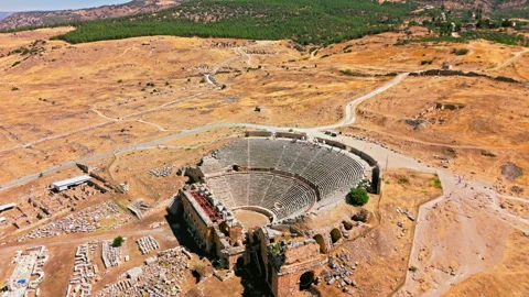 Drone view of Hierapolis Ancient Theater in Pamukkale, Turkey. Stock Footage 335158549
