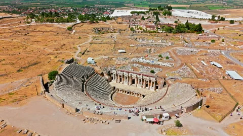 Drone view of Hierapolis Ancient Theater in Pamukkale, Turkey. Stock Footage 335158581