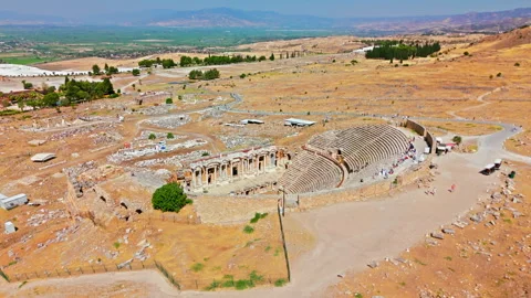Drone view of Hierapolis Ancient Theater in Pamukkale, Turkey. Stock Footage 335158595