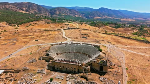 Drone view of Hierapolis Ancient Theater in Pamukkale, Turkey. Stock Footage 335158747