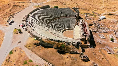 Drone view of Hierapolis Ancient Theater in Pamukkale, Turkey. Stock Footage 335158780