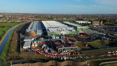 Drone view of high-density liquid cooling infrastructure at a modern UK data Stock Footage 335024054