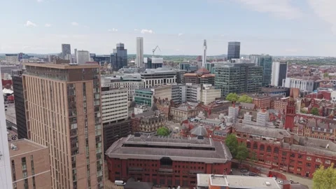 Drone view of high rise window cleaners with Birmingham skyline background Stock-Footage 334691453
