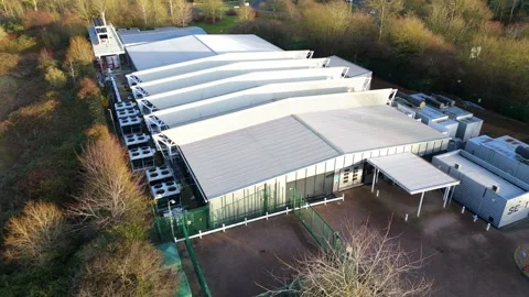 Drone view of high-tech AI data processing hub in Milton Keynes featuring Stock Footage 333021976
