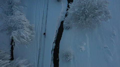 Drone View of Hiker Walking Along River Path in Snowy Landscape Stock Footage 315874264