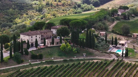 Drone View of Hilltop Buildings, Winery and Homes Above Vineyards in Landscape Stock Footage 346901062