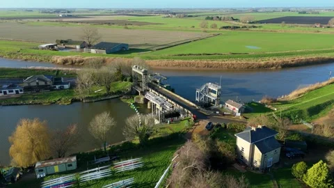 Drone view of the historic Denver Sluice flood defense system and navigation Stock Footage 332374200