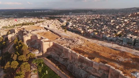 Drone view of historic Urfa Castle with panoramic Sanliurfa cityscape, anci.. Stock Footage 311572334
