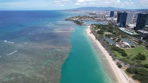 Drone view of Honolulu, including Kakaako, Ala Moana beach and Waikiki Stock Footage 243465302