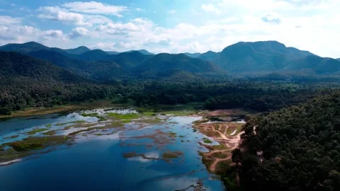 Drone view of Huay Lan lake landscape northern Thailand dry season Stock-Footage 331476637