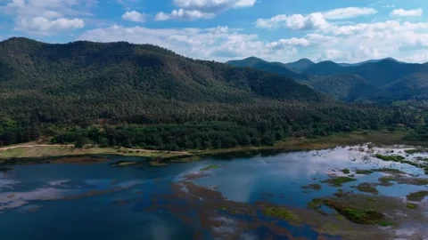 Drone view of Huay Lan lake landscape northern Thailand dry season Stock-Footage 331476646