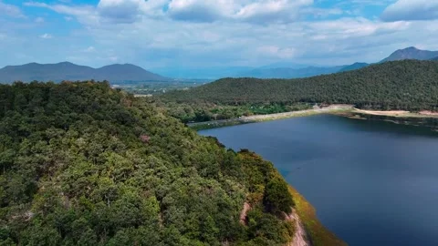 Drone view of Huay Lan lake landscape northern Thailand dry season Video stock 331476649