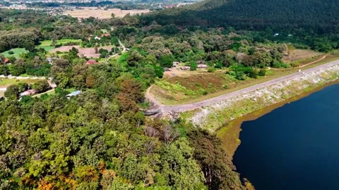 Drone view of Huay Lan lake landscape northern Thailand dry season Video stock 331476701