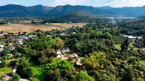 Drone view of Huay Lan lake landscape northern Thailand dry season Stock-Footage 331476713
