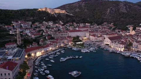 Drone view of Hvar harbor and town during summer Video stock 301873382