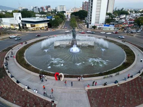 Drone View of Iconic Minerva Roundabout and Cityscape in Guadalajara Stock Photos