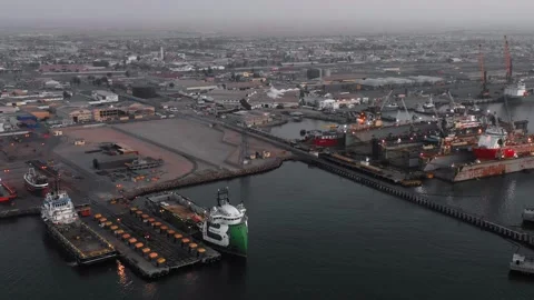 Drone view of an industrial cargo port coastline in Walvis bay, Namibia Stock-Footage 345936799