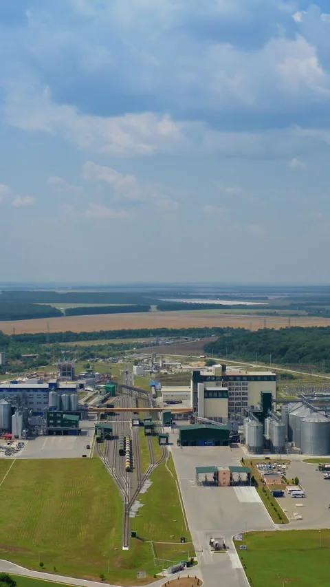Drone view of industrial grain elevator storages.  Stock Footage 309850538
